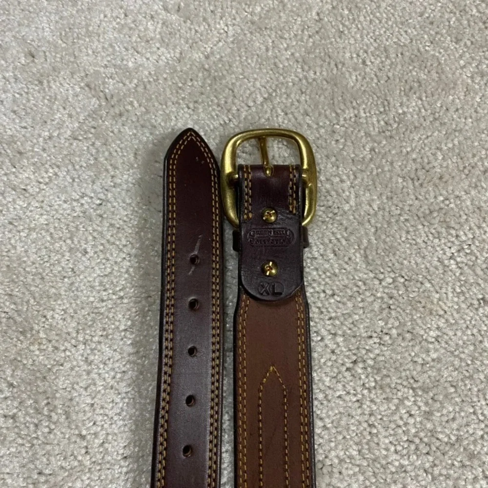Green Hill Collection Mens Brown Leather Belt Brass Buckle XL Stitched Thick